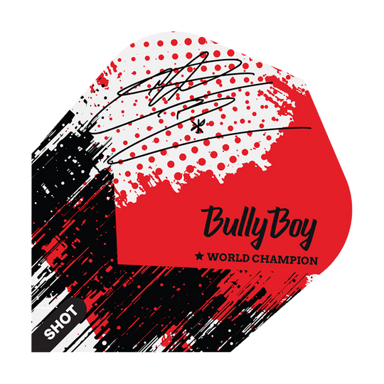 Schot Michael Smith Bully Boy Game Day No6 Vluchten Das Bild zeigt ein Dart-Flight mit einem modernen, rot-schwarzen Design und einem Autogramm. Auf dem Flight steht "Bully Boy" und "World Champion" sowie das Markenlogo "Shot".