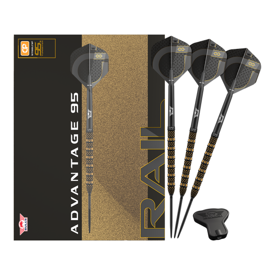 Bulls NL Advantage 95 Rail Convertible Point stalen dartpijlen Zu sehen ist das Produkt Bulls NL Advantage 95 Rail Convertible Point Steeldarts. Verschiedene Ansichten sind dargestellt.
