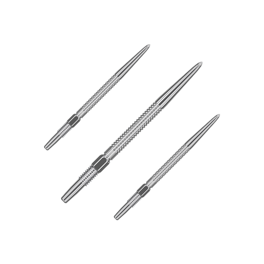 Target Swiss Point GRD Zilveren dartpunten Das Bild zeigt drei silberne Dartspitzen des Produkts "Target Swiss Point GRD Silver Dartspitzen". Sie sind schlank, aus Metall gefertigt und haben eine strukturierte Oberfläche für besseren Halt.