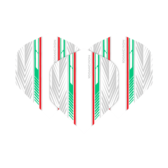 Pentathlon Flights wit/groen/rood Das Bild zeigt die "Pentathlon White Green Red No2 Standard Flights" für Dartpfeile. Die Flights sind weiß mit auffälligen grünen, roten und silbernen Streifen gestaltet.