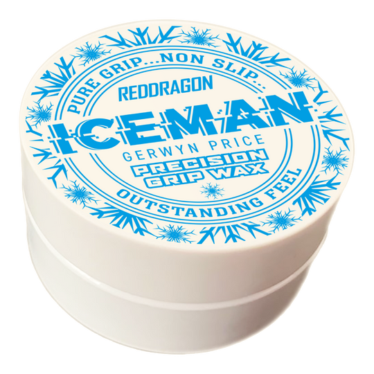 Red Dragon Gerwyn Price Iceman Precision Grip Wax vingerwas Das Bild zeigt eine weiße Dose mit der Aufschrift „Red Dragon Gerwyn Price Iceman Precision Grip Wax“. Auf dem Deckel sind blaue Schneeflocken und Werbeslogans wie „Pure Grip… Non Slip… Outstanding Feel“ abgebildet.