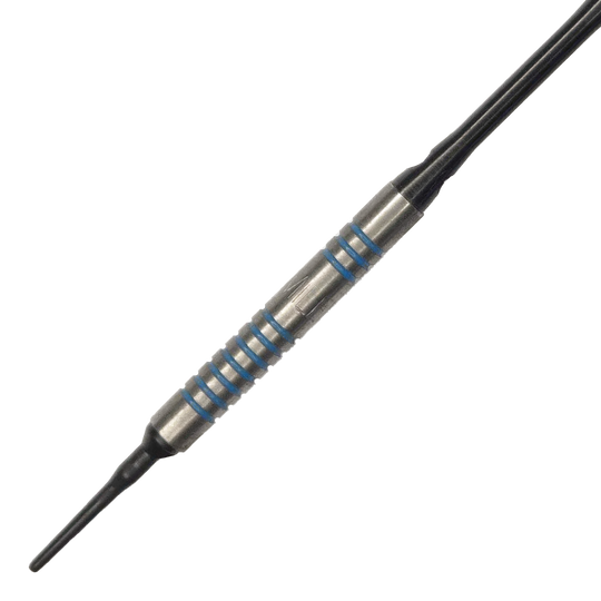 McDart 85 Tungsten V1 zachte darts - 17g Der McDart 85er Tungsten V1 Softdart wiegt 17 Gramm und hat ein silbernes Barrel mit blauen Rillen. Die Spitze ist aus Kunststoff und eignet sich für elektronische Dartscheiben.