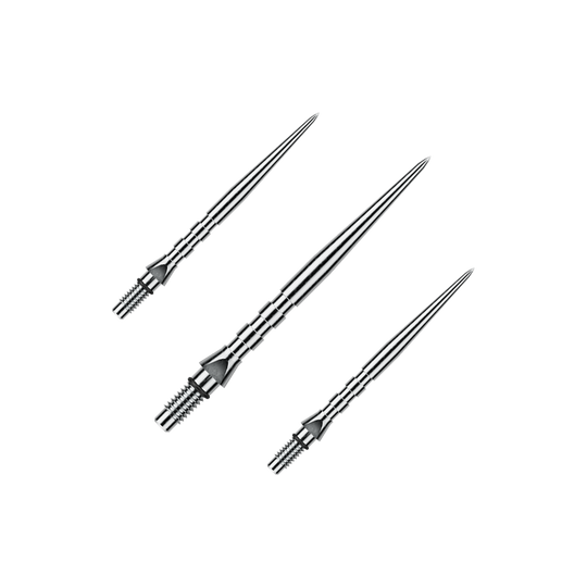 Winmau Switch Point Groove stalen dartpunten - Zilverkleurig effect Das Foto stellt ein Set von Winmau Switch Point Groove Steeldartspitzen mit 30mm Länge dar. Mehrere silberne Spitzen liegen nebeneinander.