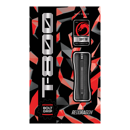 Red Dragon T-800 zachte darts - 20g Hier ist das Produkt "Red Dragon T-800 Softdarts - 20g" abgebildet. Die Verpackung ist in Rot, Schwarz und Silber gestaltet und zeigt einen Softdart mit 90% Tungsten.