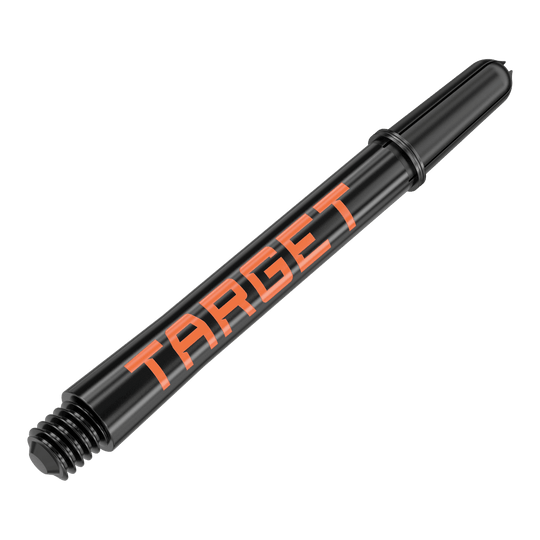 Target Pro Grip TAG Shafts - 3 sets - Zwart Oranje Das Bild zeigt einen schwarzen Dart-Schaft mit orangener Aufschrift "TARGET". Der Schaft hat eine Länge von 48 mm und ist für den Dartsport geeignet.