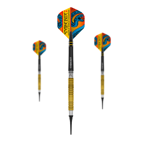 Red Dragon Peter Wright Dubbel Wereldkampioen SE Gold Plus Softdarts - 20g Das Bild zeigt drei Softdarts mit goldfarbenem Griff und auffälligen Flights im Drachen-Design. Auf den Flights steht „Snakebite Double World Champion“.