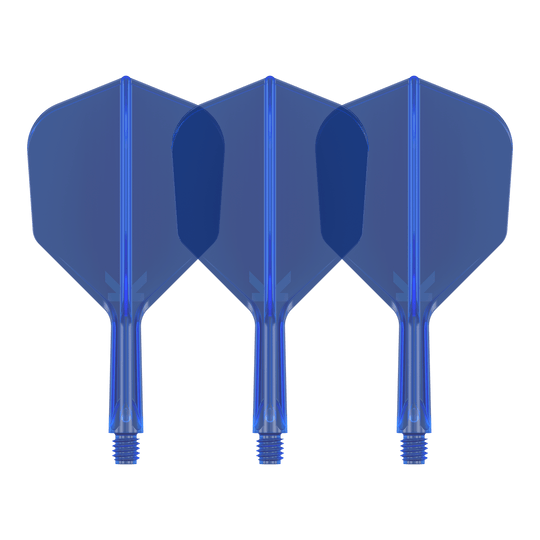 Target K-Flex No6 Flight System - Blauw Auf dem Bild sind drei blaue Dartflights zu sehen. Sie stehen nebeneinander und haben eine sechseckige Form.