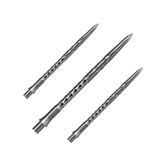 Das Bild präsentiert ein Set Caliburn Evo System Steeldartspitzen, HAN G2, Silber, 40mm. Das Set enthält mehrere Spitzen für Steeldarts.