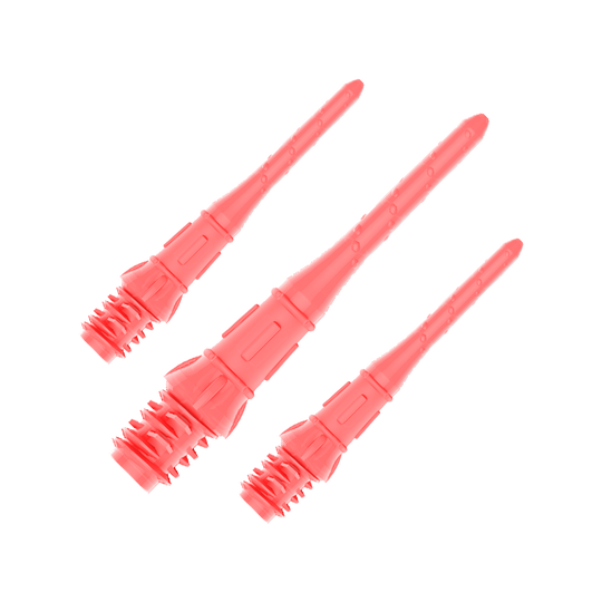 Das Bild zeigt drei pinke Dartspitzen, die eng nebeneinander liegen. Sie sind aus Kunststoff und haben eine schlanke, längliche Form.