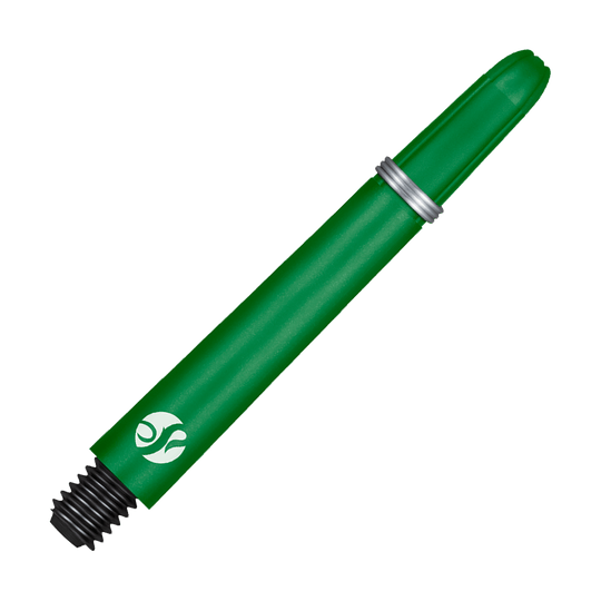 Shot Koi Carbon Shafts - Groen Dies ist ein grüner Dart-Schaft mit einem Metallring und einem schwarzen Gewinde. Er hat ein weißes Logo am unteren Ende.