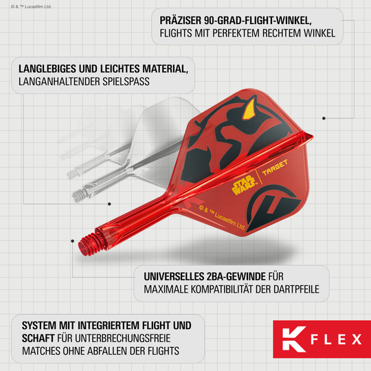 Target Star Wars K-Flex Darth Maul No6-vluchten Auf dem Bild sieht man die Target Star Wars K-Flex Darth Maul No6 Flights. Die Dartflights zeigen ein Darth Maul Motiv aus dem Star Wars Universum.