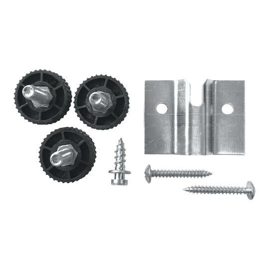Winmau Rota-Lock Blade 6 wandmontage Das Bild zeigt das Winmau Rota-Lock Blade 6 Wandhalterungs-Set mit drei schwarzen Einstellrädern, einer Metallhalterung und Schrauben. Diese Teile werden verwendet, um ein Dartboard sicher an der Wand zu befestigen.