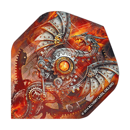 Alchemy Tech Dragon No2 Standaardvluchten Das Bild zeigt ein Dartflight mit einem mechanischen Drachen-Design in Steampunk-Optik. Die Farben sind überwiegend orange und silber, mit vielen Zahnrädern und Metallstrukturen.