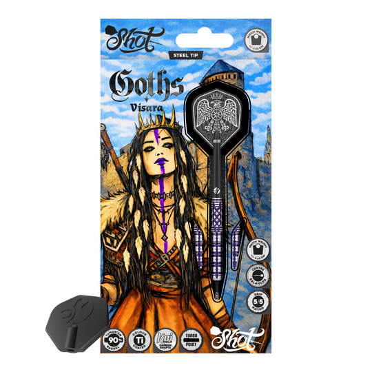 Shot Goths Visara Turbo Point stalen dartpijlen - 23 g Abgebildet sind die Shot Goths Visara Turbo Point Steeldarts mit einem Gewicht von 23 Gramm. Diese hochwertigen Darts bieten ein elegantes Design und eine ausgezeichnete Flugeigenschaft.