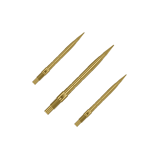 Harrows Quick Point Micro Ridge Dart Tips - Goud Das Bild zeigt mehrere goldene Dartspitzen. Die Spitzen sind wahrscheinlich vom Typ Harrows Quick Point MicroRidge, 26mm lang.