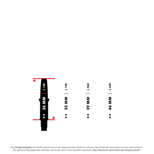 Das Bild zeigt verschiedene Längenangaben für L-Style Shafts, gemessen ohne das Gewinde. Die roten Linien markieren die Messpunkte und das Gewinde wird bei der Längenangabe nicht mit eingerechnet.