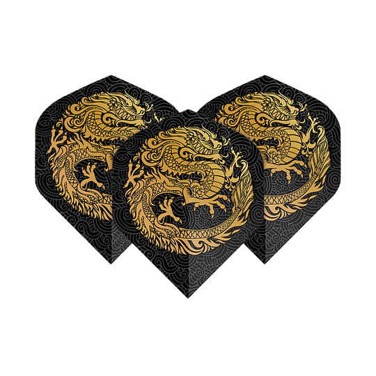 Pentathlon Vluchten Draak zwart Das Bild zeigt drei Dart-Flights mit einem auffälligen goldenen Drachen-Design auf schwarzem Hintergrund. Die Flights sind vom Typ "Pentathlon Dragon 2 Standard".