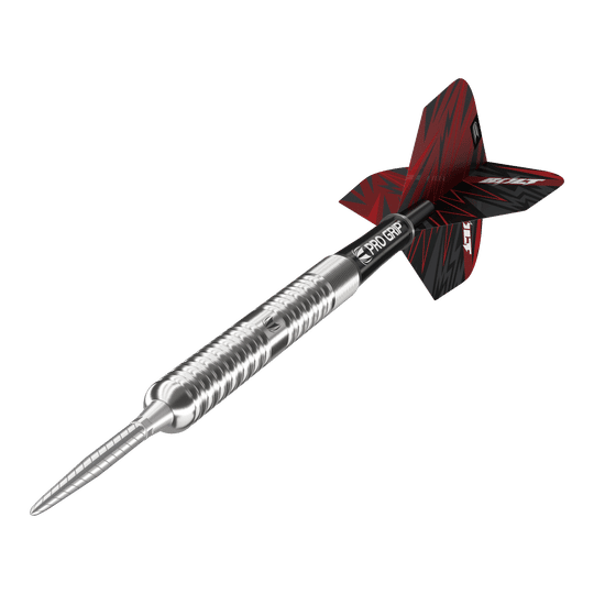 Das Bild zeigt den Target Sebastian Bialecki GEN1 Swiss Point Steeldart mit 22 Gramm Gewicht. Der Dartpfeil hat ein silbernes Metallgehäuse, einen schwarzen Schaft und ein rot-schwarzes Flight-Design.