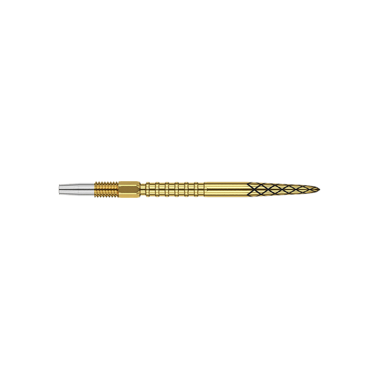 Target Swiss DS Surge Point Dartpunten - Goud Das Bild zeigt eine goldfarbene Dartspitze mit einem feinen Rautenmuster. Der hintere Teil der Spitze ist silberfarben und geriffelt.