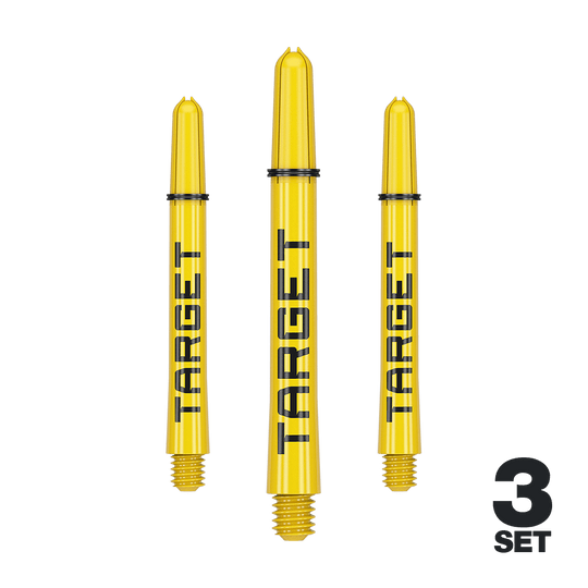 Target Pro Grip TAG Shafts - 3 sets - Geel Auf dem Bild sind drei gelbe Dartschäfte der Marke Target zu sehen. Unten rechts steht "3 Set", was auf ein Set aus drei Teilen hinweist.