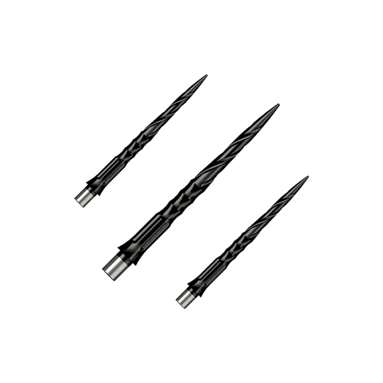 Caliburn System stalen dartpunten - Spiro - Geen lip - Zwart Zu sehen ist ein Set von Caliburn Evo System Steeldartspitzen Spiro NoLip Black, 28 mm. Die Spitzen eignen sich für professionelle Steeldartspiele.