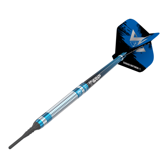 Bulls Jermaine Wattimena Generatie 3 Zachte Darts - 20g Das Bild zeigt einen Bulls Jermaine Wattimena Generation 3 Softdart mit einem Gewicht von 20g. Der Dart hat ein silbernes und blaues Design mit schwarzem Flight.