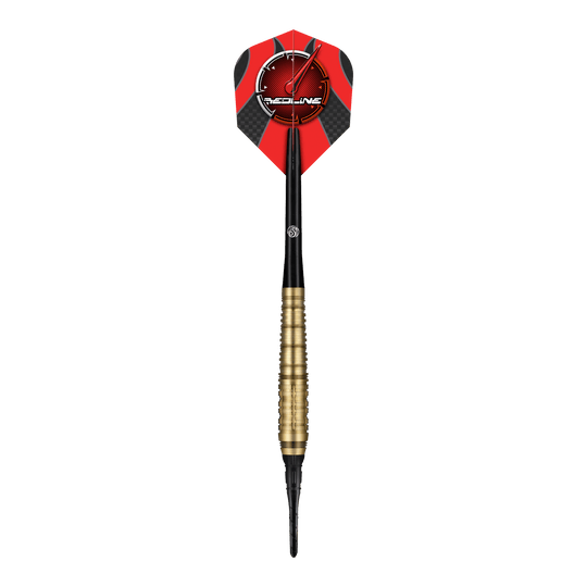 Shot Redline Mach 1 zachte dartpijlen - 20g Das Bild zeigt einen Shot Redline Mach 1 Softdart mit einem Gewicht von 20g. Der Dart hat einen goldenen Griffbereich, einen schwarzen Schaft und eine rote Flights mit dem Redline-Logo.