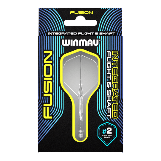 Auf dem Bild ist ein Winmau Fusion Flight & Shaft System in einer Verpackung zu sehen. Das Produkt ist durchsichtig und hat die Standardform #2.