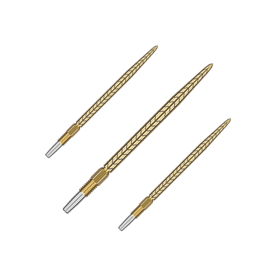 Target Swiss Point RVE darttips - Goud Das Bild zeigt drei goldene Dartspitzen mit einem strukturierten Muster. Sie sind länglich geformt und haben am Ende eine silberne Befestigung.