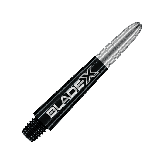 Winmau Vecta Blade X shafts - Zwart Dargestellt ist ein schwarzer Dartshaft mit dem Namen Winmau Vecta Blade X, 34 mm. Dieses Objekt ist für die Verwendung mit Dartpfeilen gedacht.