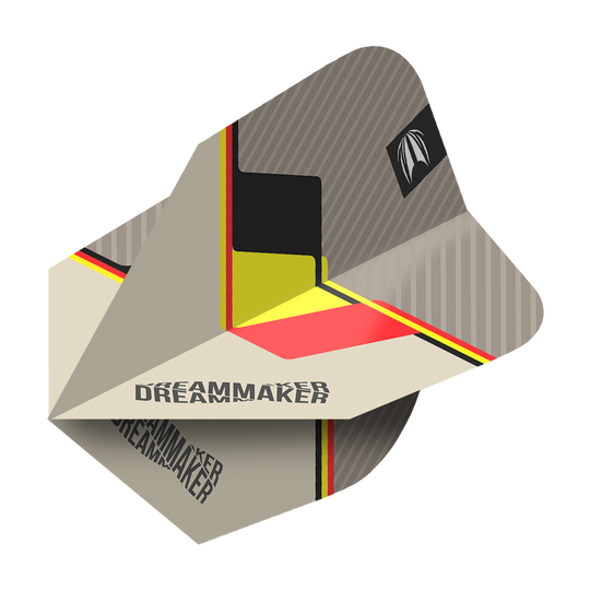 TG78_336510_Target_Pro_Ultra_Dimitri_Van_Den_Bergh_2022_Ten-X_Flights_2 Dies ist ein Dart-Flight mit dem Namen "Target Pro Ultra Dimitri Van Den Bergh TenX Flights". Das Design enthält die Farben Schwarz, Gelb und Rot sowie den Schriftzug "DREAMMAKER".