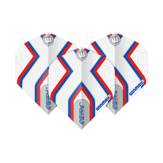 Winmau Prism Delta Epix No2 Standaard Vluchten Das Bild zeigt drei Dartflights des Produkts "Winmau Prism Delta Epix No2 Standard Flights". Die Flights sind weiß mit roten und blauen Streifen sowie geometrischem Muster gestaltet.