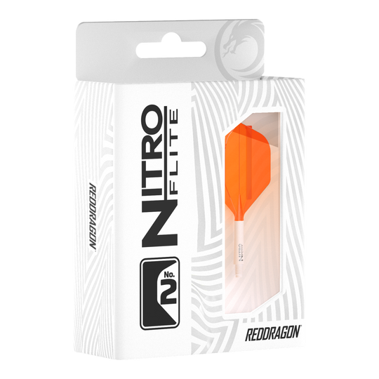 Red Dragon Nitroflite witte schacht oranje flights nr. 2 Zu sehen ist das Produkt Red Dragon Nitroflite White Shaft Orange Flights No2. Es besteht aus einem weißen Schaft und orangen Flights.