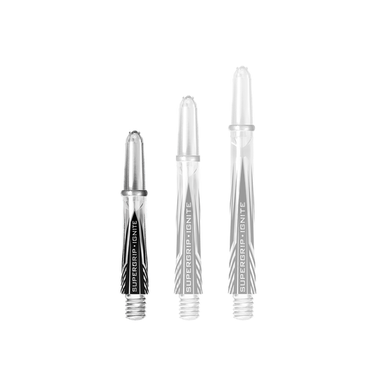 Das Bild zeigt drei klare Harrows Supergrip Ignite Shafts in unterschiedlichen Längen. Die Shafts haben ein transparentes Design mit schwarzen Akzenten und der Aufschrift "SUPERGRIP IGNiTE".