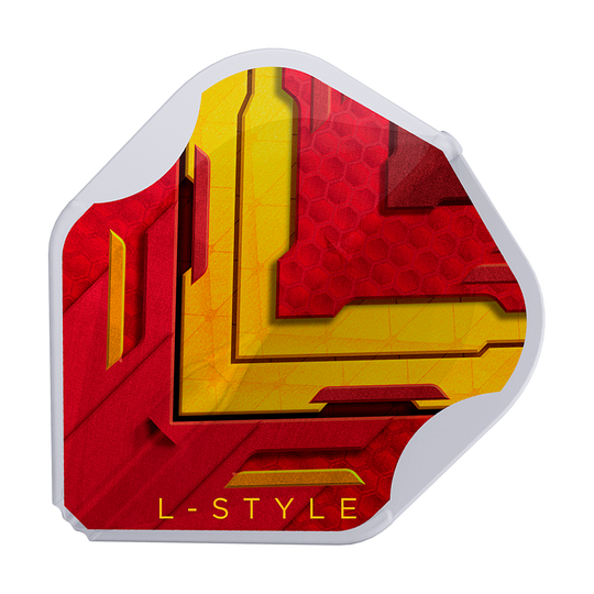 Das Bild zeigt ein Dart-Flight mit einem Design in den Farben Rot und Gelb. Am unteren Rand steht in gelber Schrift "L-STYLE".