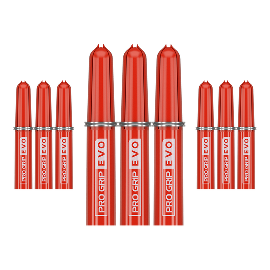 Target Pro Grip EVO vervangende tops (pak van 9) Das Bild zeigt neun rote Ersatztops des Produkts "Target Pro Grip EVO" im 9er Pack. Die Aufschrift "PRO GRIP EVO" ist deutlich auf jedem Top zu sehen.