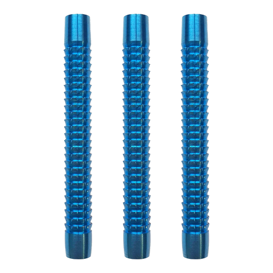 McDart Blue Sky zachte dartvaten Das Bild zeigt drei blaue Softdart-Barrels der Marke McDart Blue Sky. Sie sind nebeneinander angeordnet und haben eine gerillte Oberfläche.