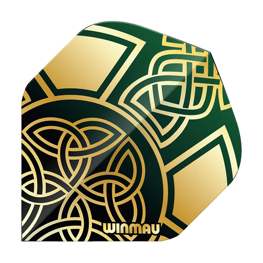 Abgebildet sind die Winmau Prism Delta Brendan Dolan Celtic Knot Black Gold No2 Standard Flights. Die Flights besitzen ein elegantes Muster in Schwarz und Gold.