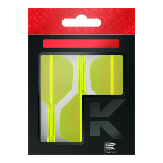 Target K-Flex No6 Vluchtsysteem - Neon Geel Die Abbildung zeigt eine Verpackung mit neon-gelben Dartflights. Die Verpackung ist überwiegend schwarz mit einem roten Bereich oben und dem Logo „TARGET“ unten rechts.
