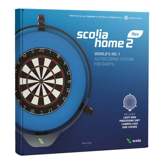 Scolia Home 2 FLEX - Elektronisch autoscoringsysteem met verlichtingsring 2026 Die Verpackung zeigt das Produkt "Scolia Home 2 FLEX", ein elektronisches Punktesystem für Darts mit Beleuchtungsring. Auf der Vorderseite sind eine Abbildung eines Dartboards und Informationen zu den enthaltenen Komponenten zu sehen.