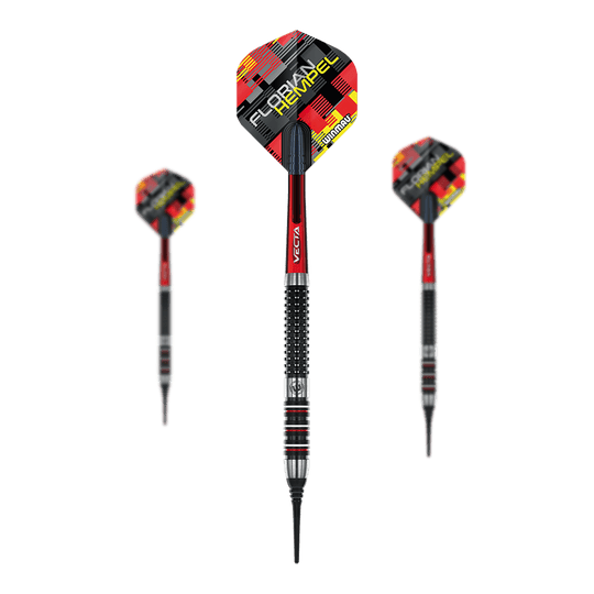 Winmau Florian Hempel zachte pijltjes - 21 g Das Bild zeigt drei Winmau Florian Hempel Softdarts mit einem Gewicht von 21g. Die Darts haben rote, schwarze und silberne Details sowie ein auffälliges Flights-Design.