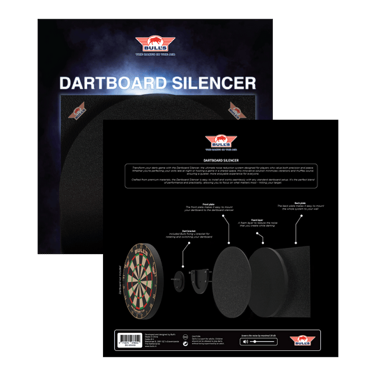 Bulls NL Dartbord Silencer Das Bild zeigt das Produkt "Bulls NL Dartboard Silencer" in seiner Verpackung. Auf der Rückseite ist eine Grafik abgebildet, die die einzelnen Komponenten und deren Funktionen erklärt.