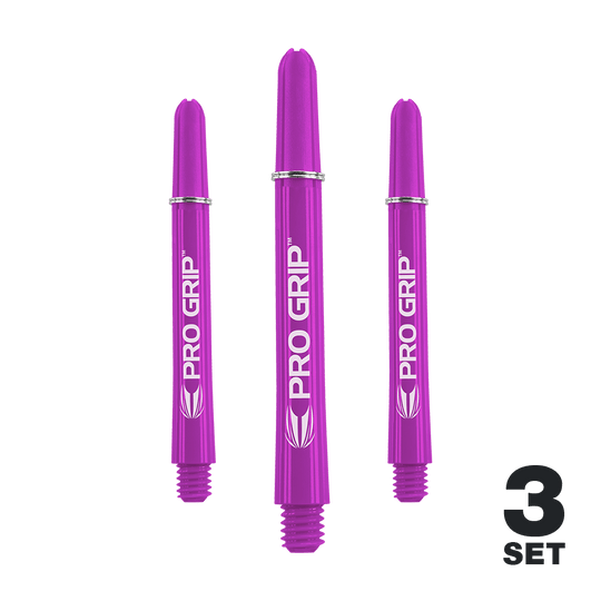 Target Pro Grip Shafts - 3 sets - Paars Das Bild zeigt drei lila Dartschäfte der Marke "Pro Grip". In der rechten unteren Ecke steht "3 Set".