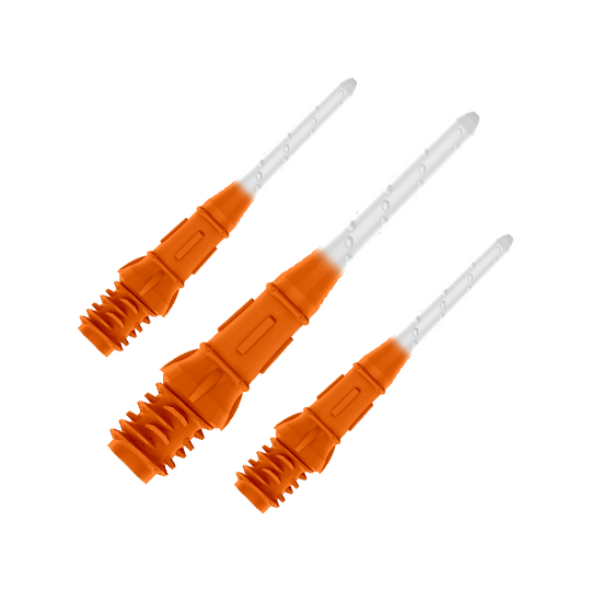 L-Style Premium Two Tone Lippoints (verpakking van 30) Das Bild zeigt drei orange-weiße Dartspitzen in einer Reihe. Die Spitzen sind zum Teil orange und werden nach vorne hin durchsichtig.
