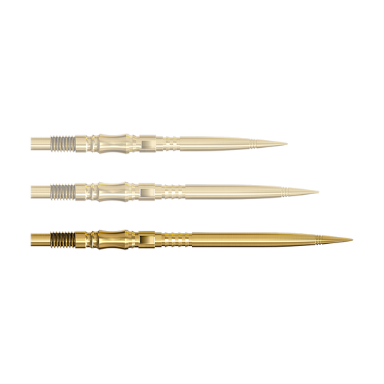 Harrows Quick Point Axis Elite Series dartpunten - Goud Eine einzelne Dartspitze in Gold ist von nahe gezeigt. Die Spitze ist nach rechts ausgerichtet.