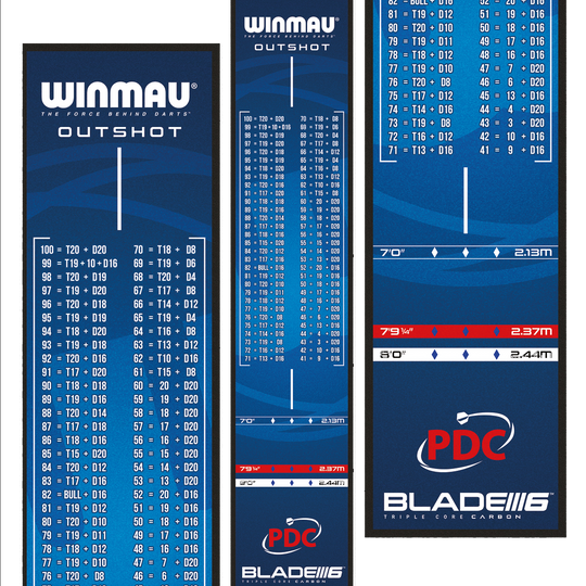 Winmau Outshot Dartmat Das Bild zeigt die Winmau Outshot Dartmatte 2024 in Blau mit Tabellen für Checkout-Werte beim Dartspiel. Unten auf der Matte sind Markierungen für verschiedene Distanzen und das PDC-Logo zu sehen.