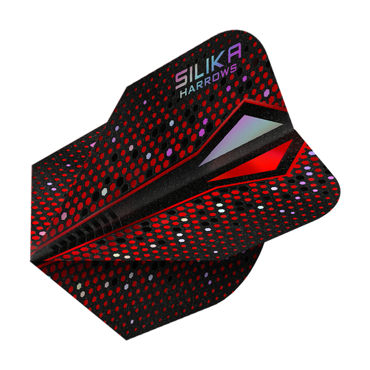 Harrows Silika Colourshift Tough Crystalline Coating Rood-X No6 Vluchten Das Bild zeigt das Produkt "Harrows Silika Colourshift Tough Crystalline Coating Red-X No6 Flights". Die Dart-Flights sind überwiegend schwarz mit roten und bunten Punkten und haben einen modernen, glänzenden Look.