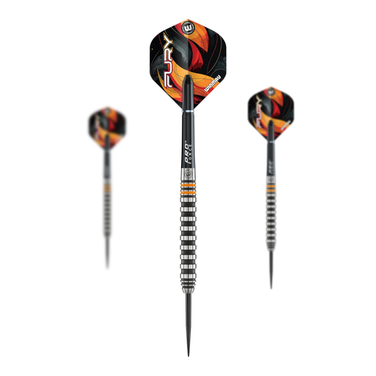 Winmau Fury stalen dartpijlen - 22 g Das Bild zeigt die Winmau Fury Steeldarts mit einem Gewicht von 22g. Diese Darts sind für Steeldartspieler geeignet.