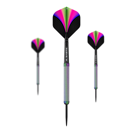 Mission Aurora Coral PVD stalen darts - 23g Die Abbildung zeigt die "Mission Aurora Coral PVD Steeldarts - 23g". Die Darts haben ein farbenfrohes Design in Pink, Grün und Schwarz mit einem glänzenden Griff.