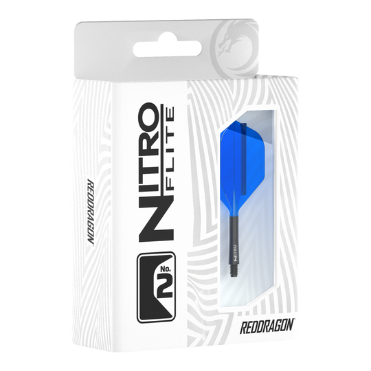Red Dragon Nitroflite - Zwarte schacht Blauwe nr. 2 vluchten Die Verpackung zeigt das Produkt "Red Dragon Nitroflite - Black Shaft Blue No2 Flights". Im Sichtfenster ist ein blauer Dart-Flügel mit schwarzem Schaft zu sehen.